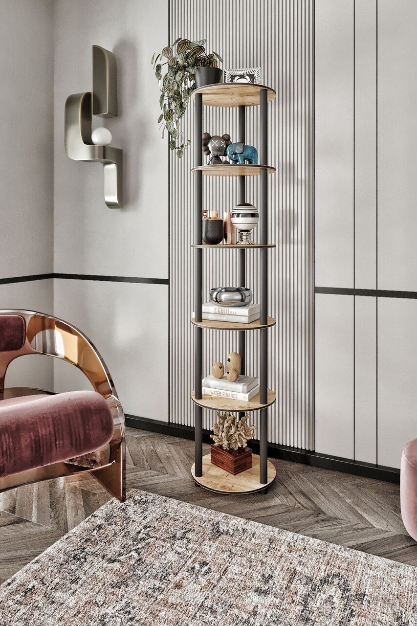Corp biblioteca, Hanah Home, Bookcase 6 Layer Round, 34x175x34 cm, MDF , Stejar - imagine 4